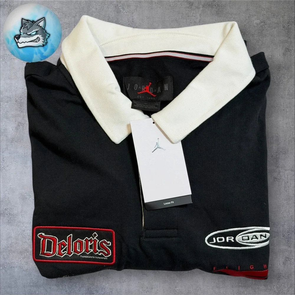 Jordan Flight School Rugby Shirt Mens XL Black Multi-Logo Long Sleeve HF9323-010